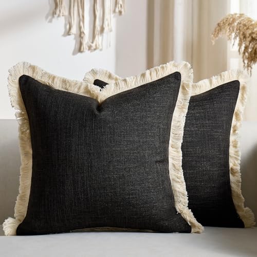 DAPTSY Boho Pillow Covers 18x18 Inch Faux Linen Couch Pillow Covers with Fringe Farmhouse Rustic Decorative Pillows Case Black Square Cushion Covers for Sofa Bedroom Living Room Home Decor Set of 2
