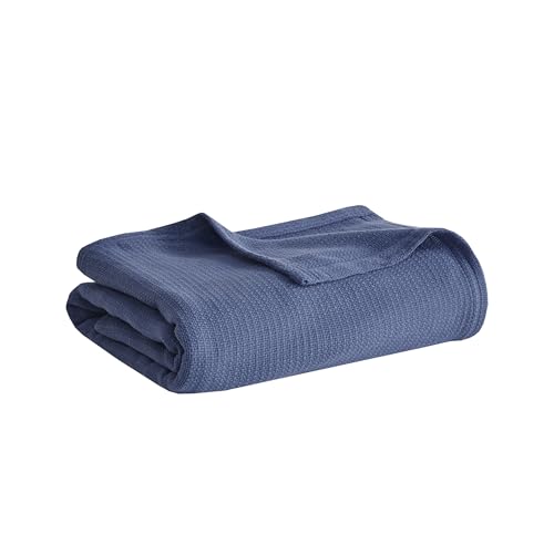 Madison Park Freshspun Basketweave Luxury Cotton Blanket Navy 66x90 Twin Size Basketweave Premium Soft Cozy 100% Cotton For Bed, Couch or Sofa