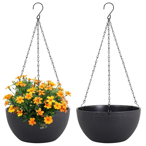 Meowell 8 inch Small Hanging Planters Plant Pots for Indoor Outdoor Plants, 2 Pack Hanging Flower Pots with Drainage Holes and Chain for Garden Porch, Plastic Hanging Baskets for House Plants, Black