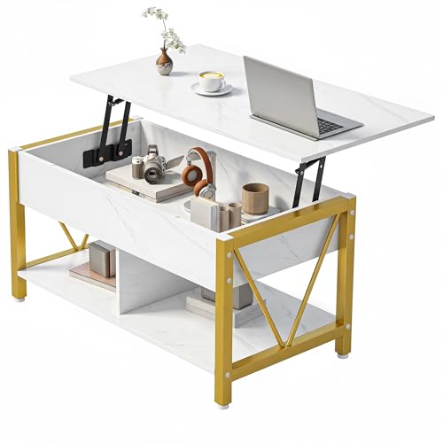 YITAHOME Lift Top Coffee Table, Easy-Lift, 2-Tier Storage, Adjustable Height with Hidden Storage Compartment and Shelf for Living Room, Office, White Marble