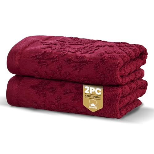 Rapport Home Versailles Jacquard Face Towels 2-Pack – Luxurious 100% Cotton 500gsm Soft Absorbent Face Cloths, Oeko-Tex Certified Bathroom Hand Towels – Ruby (30x30cm)
