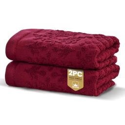 Rapport Home Versailles Jacquard Face Towels 2-Pack – Luxurious 100% Cotton 500gsm Soft Absorbent Face Cloths, Oeko-Tex Certified Bathroom Hand Towels – Ruby (30x30cm)