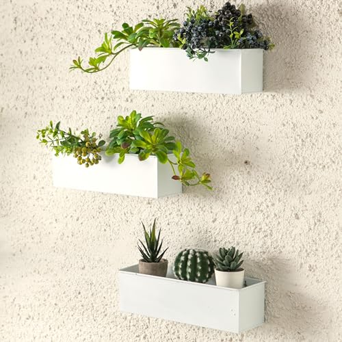 LaLaGreen Wall Planter for Outdoor (3 Pack, 14 Inch) Large Wall Mount Planters for Succulent White, Rectangular Metal Hanging Flower Pot, Long Window Boxes Fence Railings Rustic Floating Shelve Indoor
