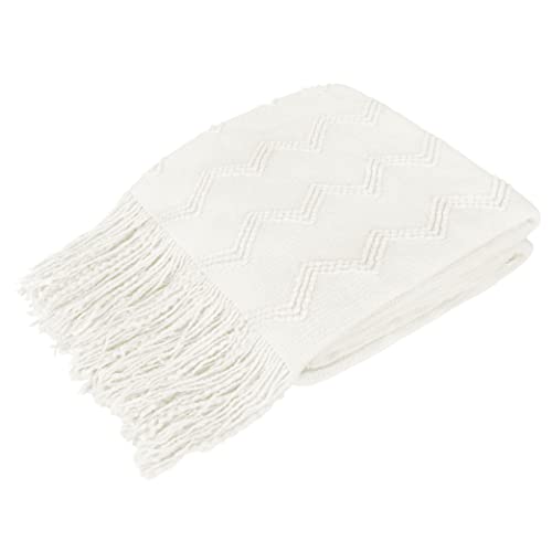 "PAVILIA - 60"" x 80"" White Knit Throw Blanket Lightweight Warm with Fringe Tassels and ZIG ZAG Textured Design"