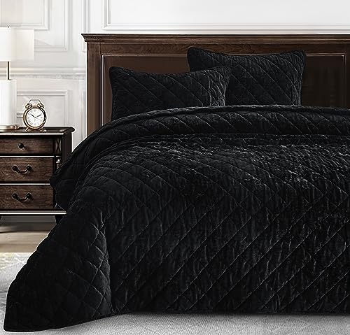 Chezmoi Collection Lux Black Velvet Quilt Queen Set, 3-Piece Lush Plush Distressed Velvet Bedding All Season Lightweight Comforter Brushed Microfiber Reverse with Diamond Stitch Quilting
