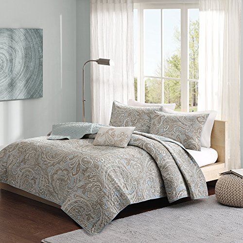 "Madison Park Pure 100% Cotton Quilt Set - Casual Paisley Design, All Season, Lightweight Coverlet Bedspread Bedding, Shams, Decorative Pillows, Full/Queen(88""x92""), Blue 4 Piece"