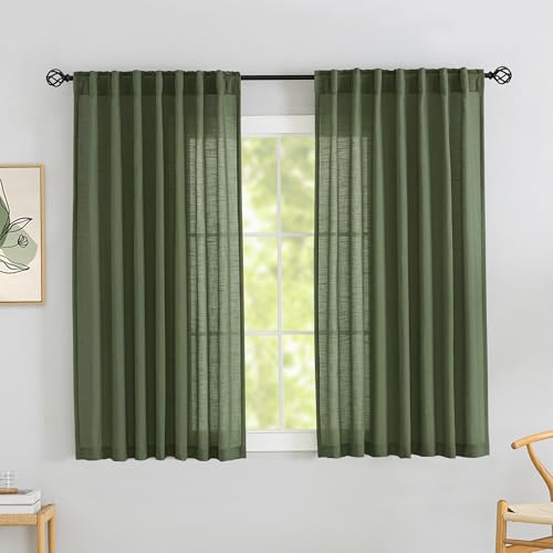 DONREN Olive Green Linen Back Tab Curtains 72 Inches Long 2 Panels Set for Guest Room - Modern Country Rod Pocket Semi Sheer Privacy Drapes Hooks Belt Pleated Light Filtering Playroom Curtains