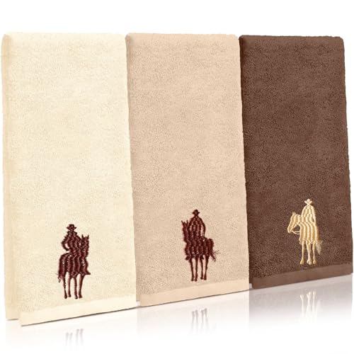 "SmoothNovelty 3 Pcs Hand Towels for Bathroom Cotton Embroidered Rodeo Kitchen Towels 13.3"" x 29.5"" Rustic Gifts for Bath Shower Farmhouse Decors Housewarming Gift(Brown,Western Cowboy)"