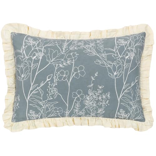 furn. Wylder Mae Feather Filled Cushion – Embroidered Floral Cotton Ruffle Trim Decorative Pillow (French Blue – 35x50cm)