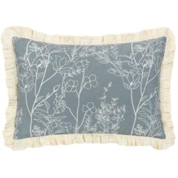 furn. Wylder Mae Feather Filled Cushion – Embroidered Floral Cotton Ruffle Trim Decorative Pillow (French Blue – 35x50cm)