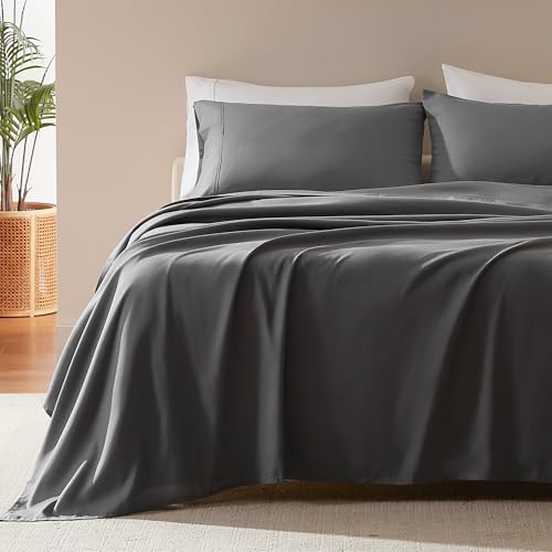 SLEEP ZONE, Nanotex King Size Bed Sheet Set Soft Cool 4 Piece Easy Care Flat Sheet + Fitted Sheet + Pillow Cases Wrinkle Free Fade 41cm Deep Corner Grey