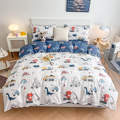 Dinosaur Kids Duvet Cover Set Twin, 100% Cotton Dino Truck Car