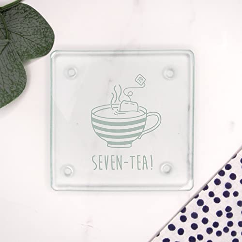 "Engraved Square Glass Coaster -""SEVEN-TEA"" Design - 70th Milestone Birthday Gifts for Men, Him - Seventieth Gift for Friend, Grandad, Dad, Husband - Drinks Mat"