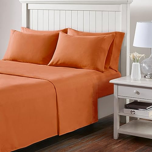 "Comfort Spaces Microfiber Queen Sheet Set, Soft, Colorfast, Elastic Deep Pocket Fits Up to 16"" Mattress, Orange 6 Piece"