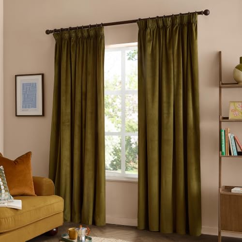 furn. The Ultimate Velvet Blackout Pencil Pleat Curtain Pair (Olive - 168x183cm)