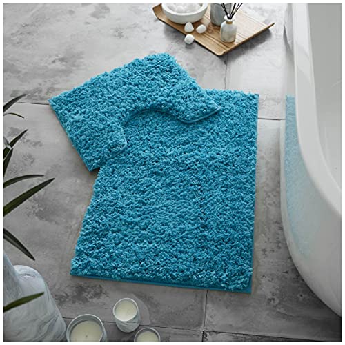 GC GAVENO CAVAILIA Luxury Super Soft 2 Piece Zero Twist Bath Mat Pedestal Set Non Slip, Extra Absorbent 100% Polyester Bathroom Toilet Rug, Regular (50x80, 50x40 cm), Turquoise