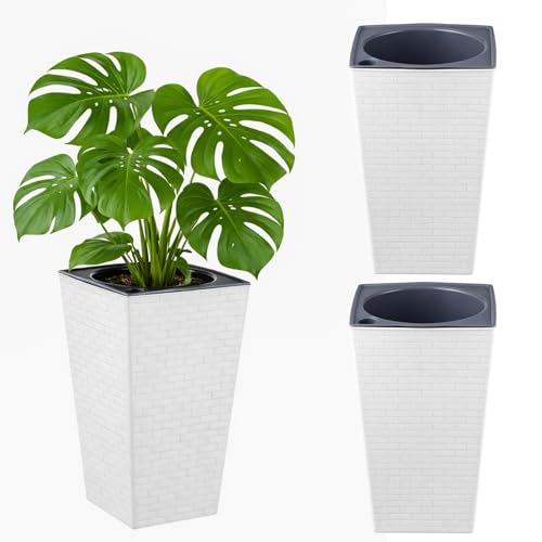 "2 Pack Self Watering Planters 10.7"" x 6.9"" Planter for Indoor Plants White Self Watering Violet Pots Plastic Flower Pots Square Planter with 3D Wallpaper Pattern"