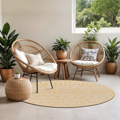 LIVABLISS Diksha Alora Indoor Outdoor Carpet 160x230 cm – Boho Patterned Floor Covering for Living Room, Dining & Kitchen, Water-Resistant, Easy Care Pile, Mustard Ivory