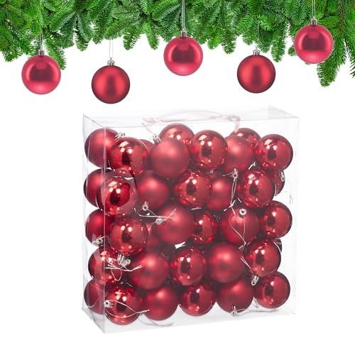 Relaxdays Christmas Baubles, Set of 50, Festive Tree Ornaments, D: 6 cm, Holiday Decorations, Matte & Shiny, Red