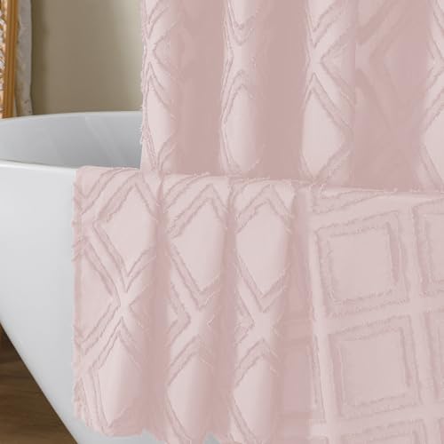 "OWENIE Extra Long 96 Inch Blush Shower Curtains, Boho Fabric Shower Curtain Grommet Top With 12 Hooks, Elegant Modern Jacquard Geometric Design Textured Shower Curtain for Bathroom, Blush, 72""W x 96""L"
