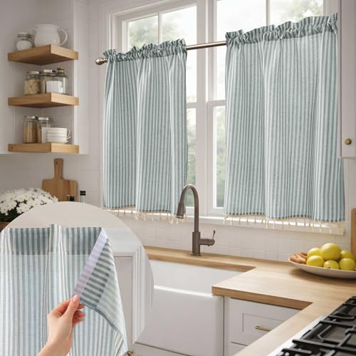 Jilron No Drill Farmhouse Modern Cafe Style Striped Linen Kitchen Curtains with Tassels??? Airy Light Filtering Tier Curtains with Rod Pocket for Living Room-Blue Stripes(W 34*L 36in-2-Panel)