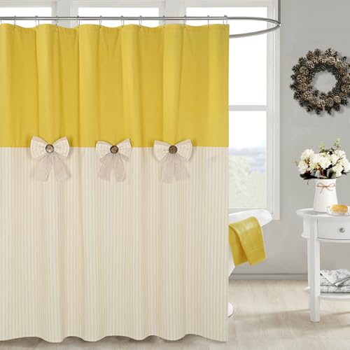 DOSLY ID??ES Farmhouse Yellow Shower Curtain,Bowknot,Cotton Blend Fabric,Pleated Yellow Stripe,Country Style,72x72 in