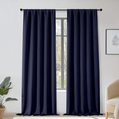 OWENIE Sally Navy Blue Blackout Curtains 96 Inches Long 2 Panels Set for Bedroom Living Room, Solid Thermal Insulated Privacy Room Darkening Window Treatment Drapes, 2 Pcs Each W50 x L96 Inch, Navy