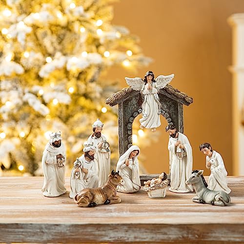 "Glitzhome Ivory 11Pcs Resin Nativity Figurines Sets for Christmas Indoor, Removable Angel Holy Family Statues Christian Nativity Tabletop Scenes Ornaments Church Decor 8"" x 20.75"""