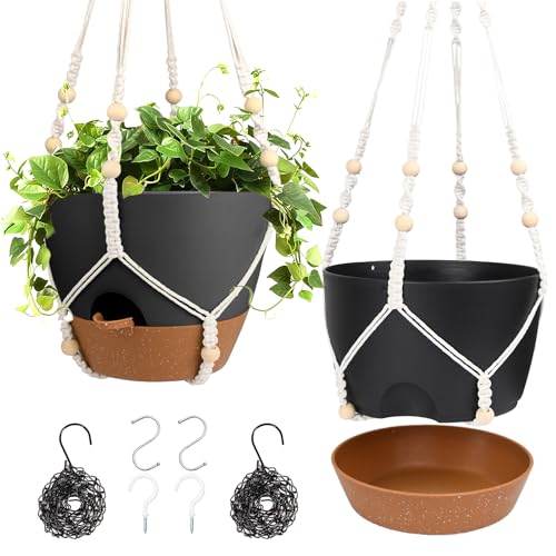 Vanslogreen 10 Inch Hanging Planters for Indoor Outdoor Plants, 2 Pack Self Watering Hanging Pot with Drainage Holes & 2 Kinds of Plant Hangers, Hanging Baskets Flower Pots for Garden Home (Black)