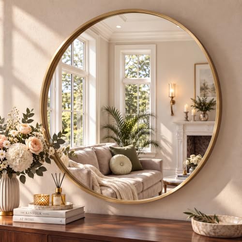Clevich Round Wall Mirror 90cm, Tempered Safety Glass & Aluminum Frame - Explosion-Proof Glass, Scratch-Resistant Aluminum Frame, Pre-Installed Hooks, Bathroom Mirror For Living Room/Bedroom