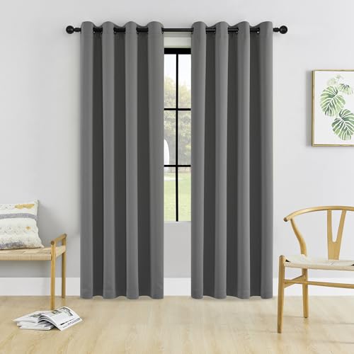 HUTO Blackout Bedroom Curtains Panels 84 Inch - Energy Saving Thermal Insulated Privacy Protect Antique Copper Grommet Sun Block Drapes for Living Room, 1 Pair, 52 by 84 Inch, Grey