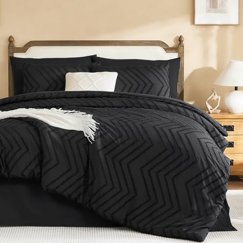 Litanika Black Oversized King Comforter with Sheets, 7 Pieces Boho Bed Set - Bed in a Bag Fluffy Lightweight Neutral Soft Warm Chevron Tufted Textured Bed Set