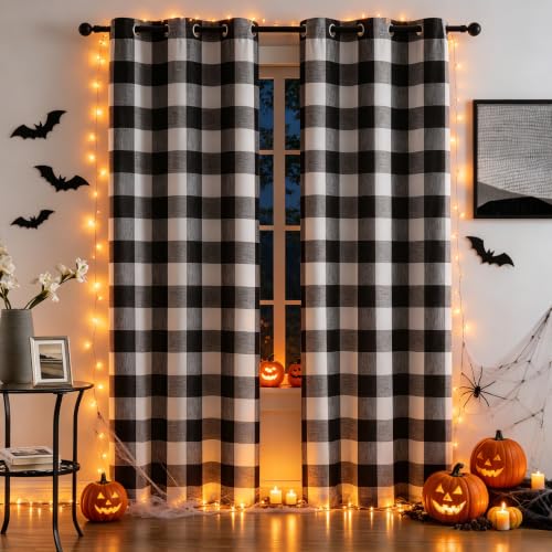 "Buffalo Plaid Full Blackout Window Curtains 84 Inches Long Checkered Grommet Panels Farmhouse Geo Energy Efficient Drapes Linen Textured Thermal Window Treatment Set for Bedroom Black White,40""x84""x2"
