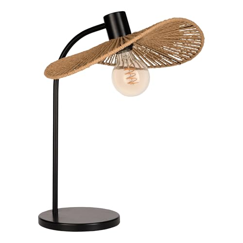 Eglo Bedside Lamp Siruela, Table Light in Boho Style, Bedroom Decoration, Fixture Made of Black Metal and Natural Paper, E27 Socket, H 46.5 cm