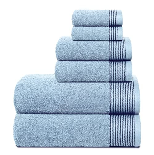 BELIZZI HOME 100% Cotton Ultra Soft 6 Pack Towel Set, Contains 2 Bath Towels 28x55 inchs, 2 Hand Towels 16x24 inchs & 2 Washcloths 12x12 inchs, Compact Lightweight & Highly Absorbant - Sky Blue