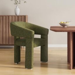 MALOL Wooden Dining Chairs Set of 1, Fabric Accent Chairs with Armrest, Comfy Round Upholstered Arm Chair with 3 Legs, Kitchen Chairs for Dining Room, Living Room, Green