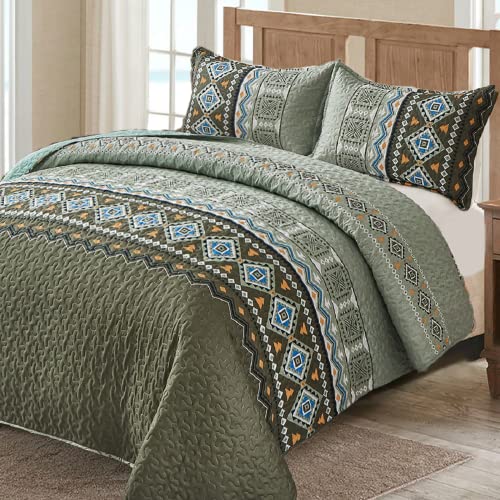"WONGS BEDDING Green Boho Quilt Set Full,3 PCS Fall Quilt Bedspread Lightweight Geometry Printed Coverlet Set with 2 Pillowcase,Soft Bohemian Bedding Set 78""??90"""