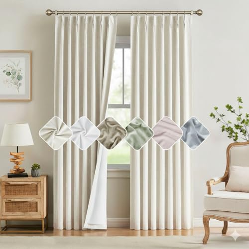 "Kayne Studio Natural Pinch Pleated Full Blackout Curtains 90 Inch, Linen Blend Thermal Insulated Soundproof Room Darkening Back Tab Window Drapes with Hooks for Living Room Bedroom(2 Panels, 40""x90"")"