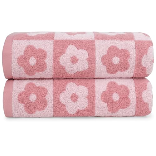 Jacquotha 2-Pieces Luxury Bath Towels Checkered Floral, Pink Towels for Women Girls Shower Body 27.5x55 Inches, Cute Decor for Bathroom & Pool Days, Cotton