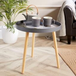 Home Source Round Coffee Accent Side Lamp Drinks Table, Lipped Edge, Solid Pine Legs, Grey
