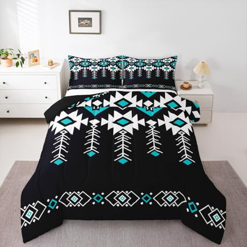 Erosebridal Full Western Aztec Comforter Set for Boys, Native American Navajo Bedding Set Rustic Southwestern Quilt Ethnic American Native Geometric Down Comforter for Teens Adult Bedroom, Black
