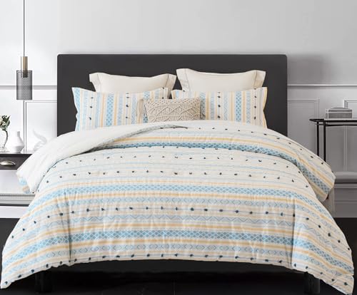 SLEEPBELLA Washed Double Layer Muslin 100% Cotton Comforter Set Queen Size, Yellow Blue Boho Fluffy Thick Checked Bedding Set, Soft Breathable (1 Comforter, 2 Pillow Shams)