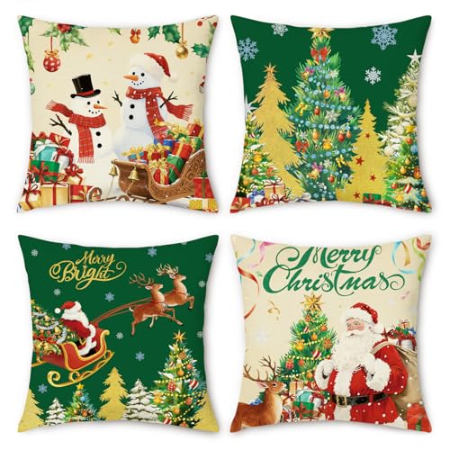 NymphFable Christmas Cushion Covers 45 x 45 cm Set of 4, Green Xmas Tree Snowman Santa Claus Linen Decorative Throw Pillow Covers for Sofa Home Couch Living Room Bedroom Decor
