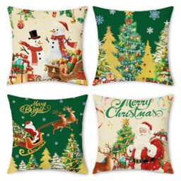 NymphFable Christmas Cushion Covers 45 x 45 cm Set of 4, Green Xmas Tree Snowman Santa Claus Linen Decorative Throw Pillow Covers for Sofa Home Couch Living Room Bedroom Decor