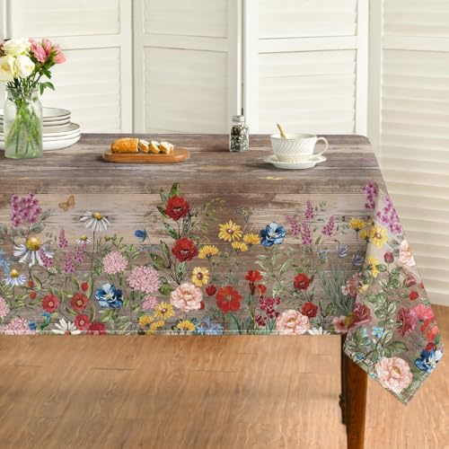 Horaldaily Spring Tablecloth 60 x 120 Inch Rectangular Flowers Brown - Seasonal Wood Grain Washable Table Cover for Party Picnic Dinner Decor