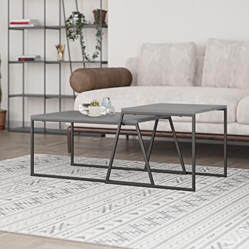 HOCUS PICUS Rectangular Coffee Table Set, Set of 2 Centre Coffee-Tea Table for Living Room Office Lounge Hotel Conference Room Modern Side Sofa Table with Black Metal Frame Easy Assembly (Anthracite)