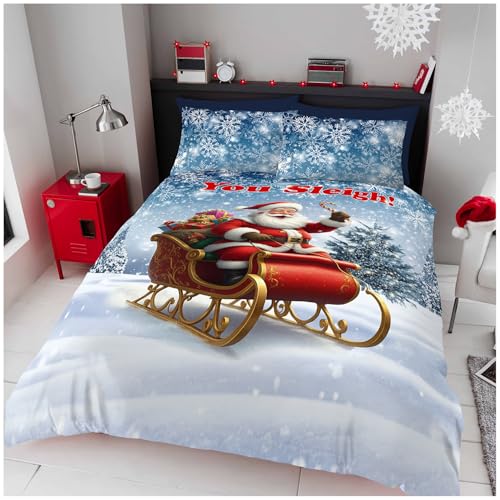 GC GAVENO CAVAILIA Christmas Duvet Cover King Size - Polyester Santa Sleigh Bedding(230x220 cm) - Breathable Soft Quilt Cover King bed with Pillowcases - Winter KingSize Bedding Bed Cover -Xmas Gift
