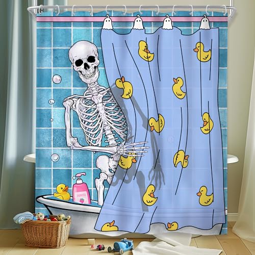 "Skull Kids Gothic Skeleton Bathtub Bathing Bathroom Shower Curtain Set - 72""W x 72""L shower curtain??? Spooky Yellow: HD waterproof print, quick-dry cloth, free hooks for easy installation."