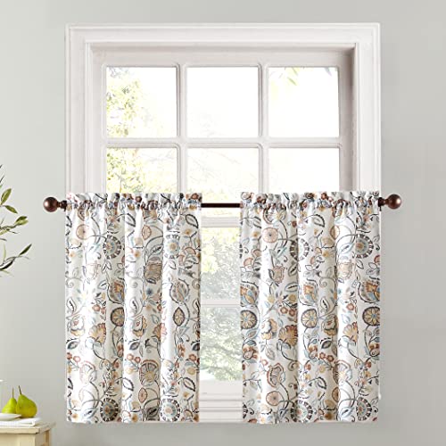 "No. 918 Signy Jacobean Pattern Semi-Sheer Rod Pocket Kitchen Curtain Tier Pair, 54"" x 36"", White"