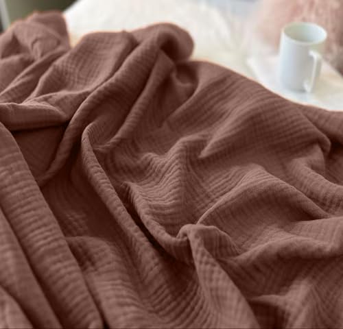 KyraHome 100% Cotton Throw Blankets, 90???x90??? Queen, Organic Cotton Muslin Blanket, Plant Dyed, Breathable Lightweight Gauze Blankets for Adults, Bed, Couch, All Season, (Brown)